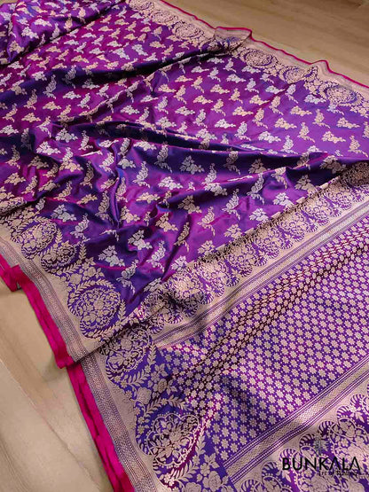 Luxurious Purple Pure Katan Silk Handloom Kadwa Weaved Gold and Silver Zari Floral Design Banarasi Saree