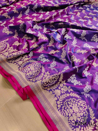 Luxurious Purple Pure Katan Silk Handloom Kadwa Weaved Gold and Silver Zari Floral Design Banarasi Saree