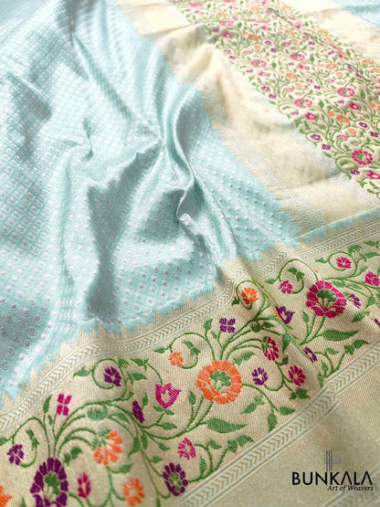 Glimmering Grace Light Blue Pure Katan Silk Handloom Gold and Silver Zari Banarasi Saree with Meenakari Border and Pallu