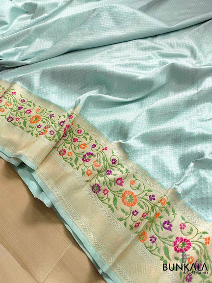 Glimmering Grace Light Blue Pure Katan Silk Handloom Gold and Silver Zari Banarasi Saree with Meenakari Border and Pallu