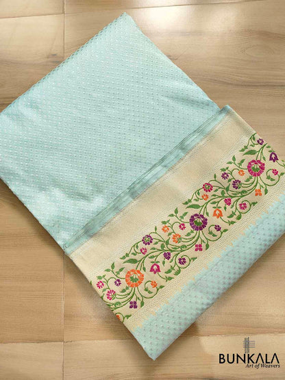 Glimmering Grace Light Blue Pure Katan Silk Handloom Gold and Silver Zari Banarasi Saree with Meenakari Border and Pallu