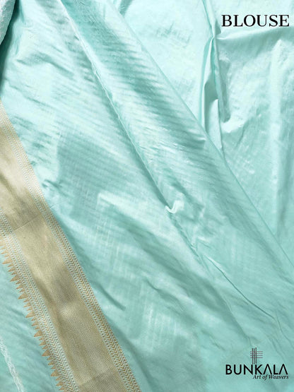 Glimmering Grace Light Blue Pure Katan Silk Handloom Gold and Silver Zari Banarasi Saree with Meenakari Border and Pallu
